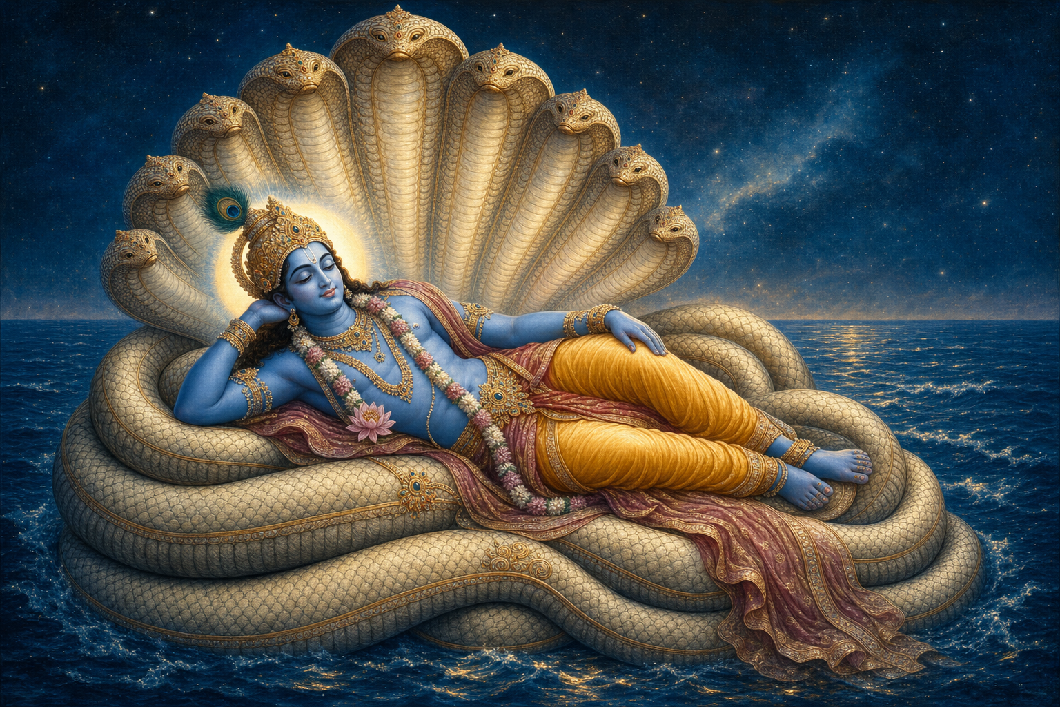 Vishnu resting on the coils of the many-hooded serpent Adisesha, whose raised hoods form a protective canopy over him.