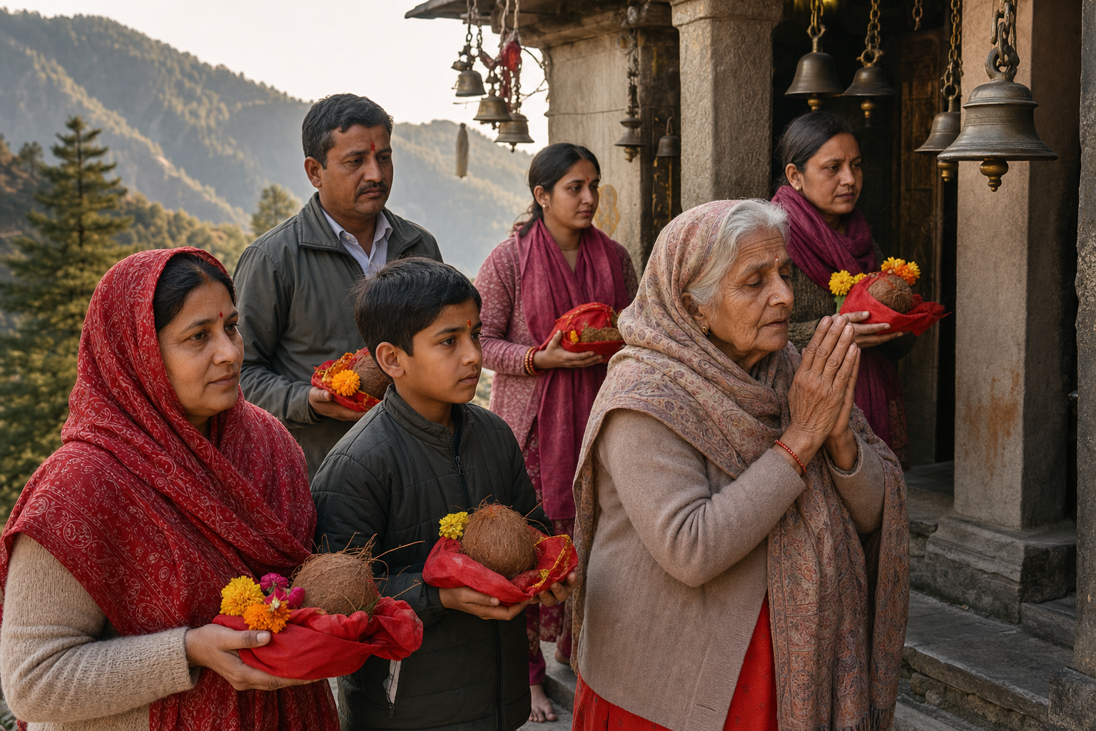 Devotees carrying coconuts, flowers and red-cloth offerings pray at the threshold of a hill temple.
