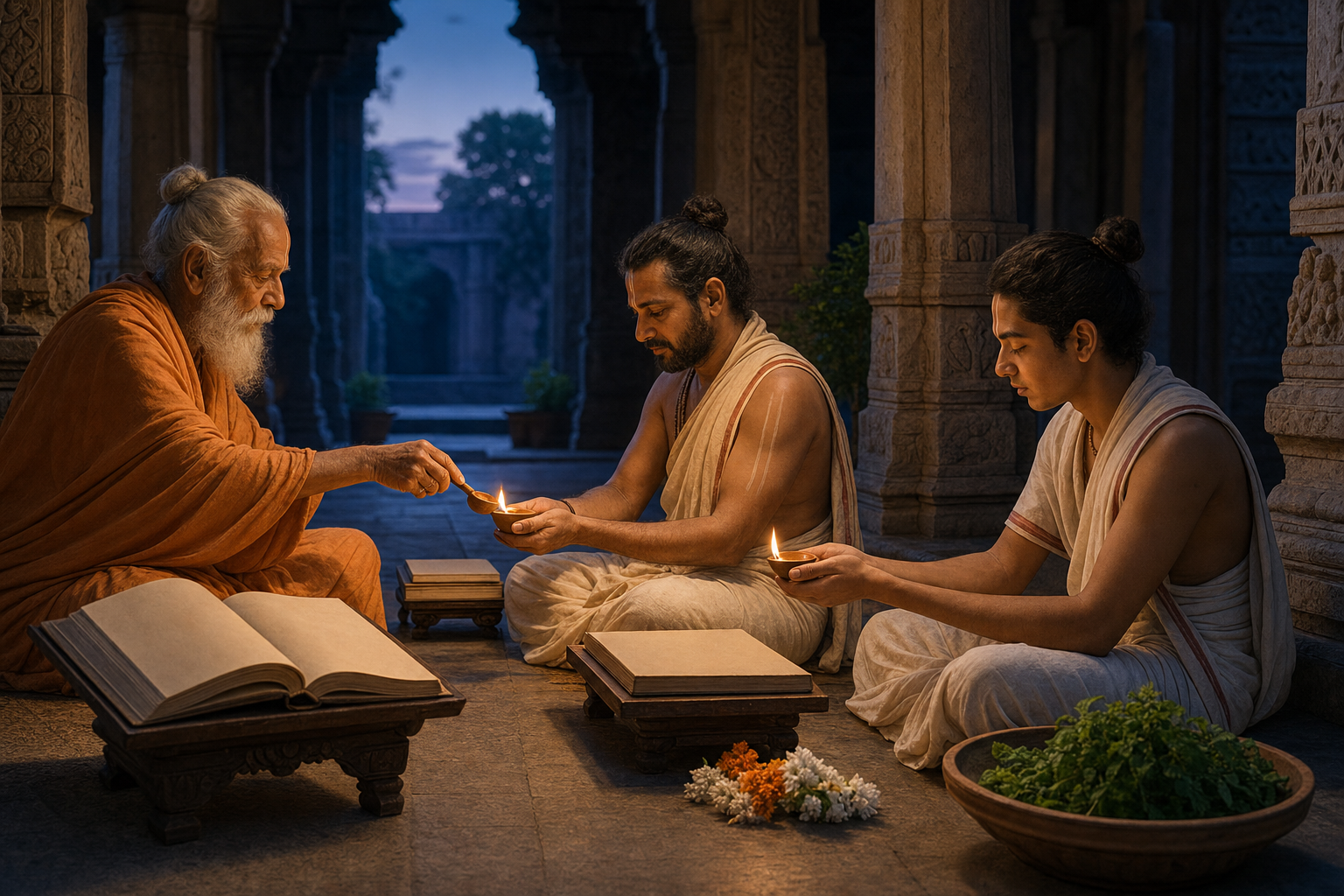 Three generations of Vaishnava teachers and students pass a flame from one clay lamp to the next beside scriptures in a temple hall.