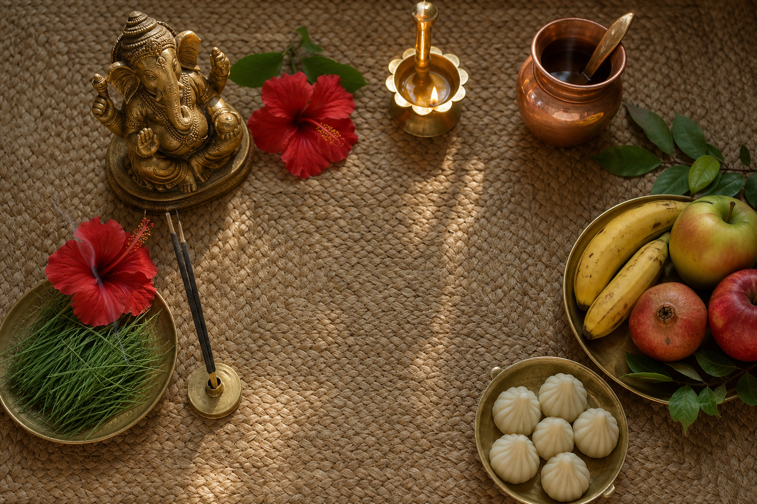 An overhead view of Ganesha puja items including a brass murti, hibiscus flowers, durva grass, diya, water vessel, fruit, and modaks.