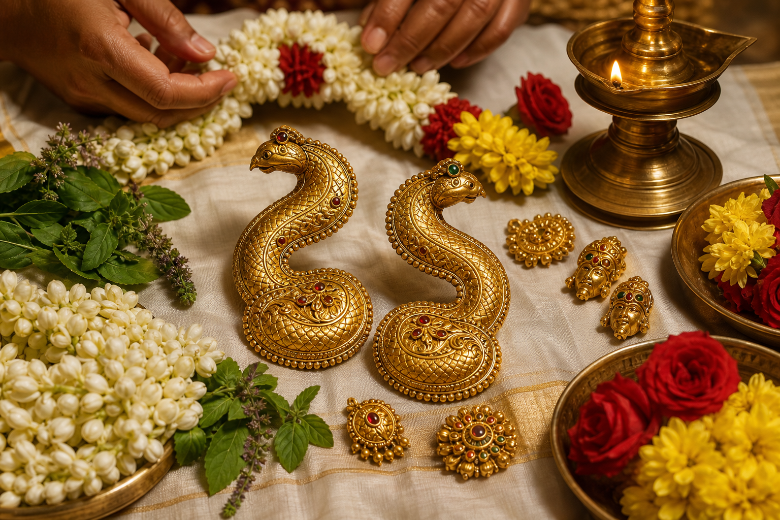 Two golden serpent ornaments arranged with jasmine, tulasi leaves, flowers, and an oil lamp as hands prepare a garland for worship.