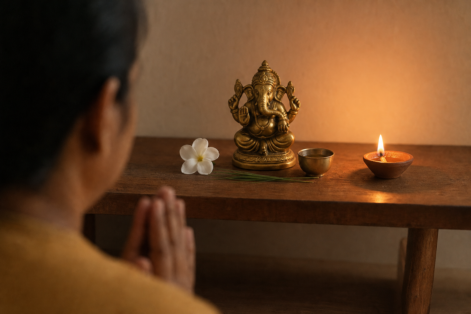 A simple home altar with a small Ganesha murti, one flower, durva grass, water, and a lit clay lamp before a praying devotee.