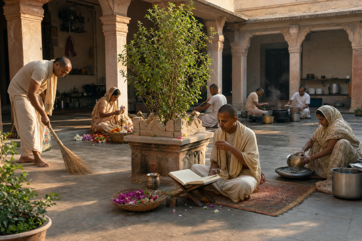 Devotees study scripture, chant with prayer beads, sweep a courtyard, arrange flowers, and prepare a communal meal around a tulasi plant.