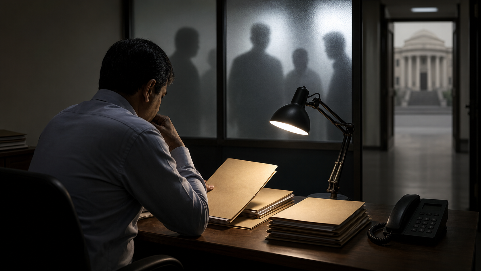 An anonymous investigator reviews unmarked case files in a dim government office while indistinct figures wait behind frosted glass and a courthouse doorway appears in the distance.