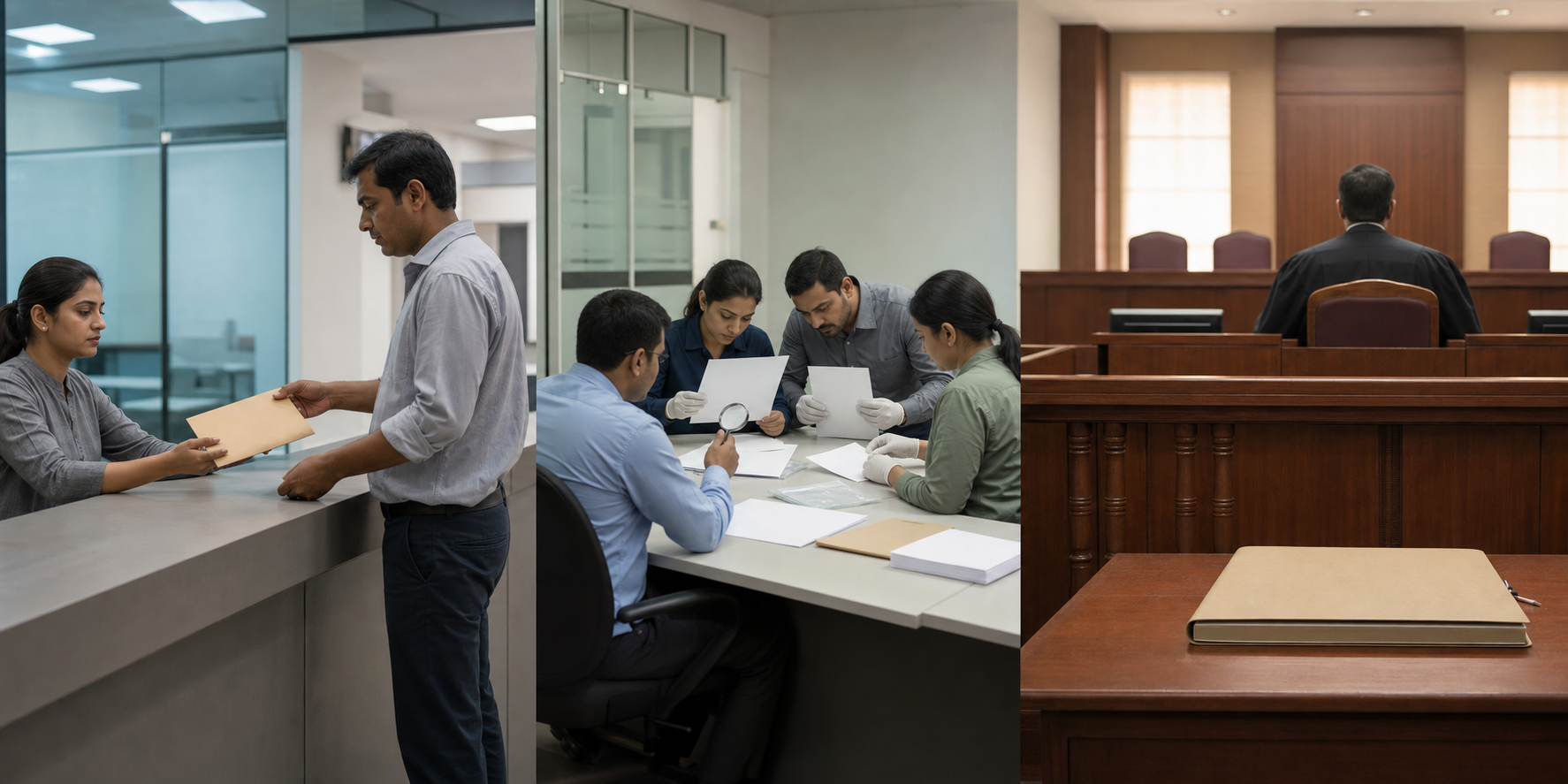 A three-part scene shows an investigator receiving a sealed envelope, a team examining evidence, and an anonymous judge reviewing a case file.