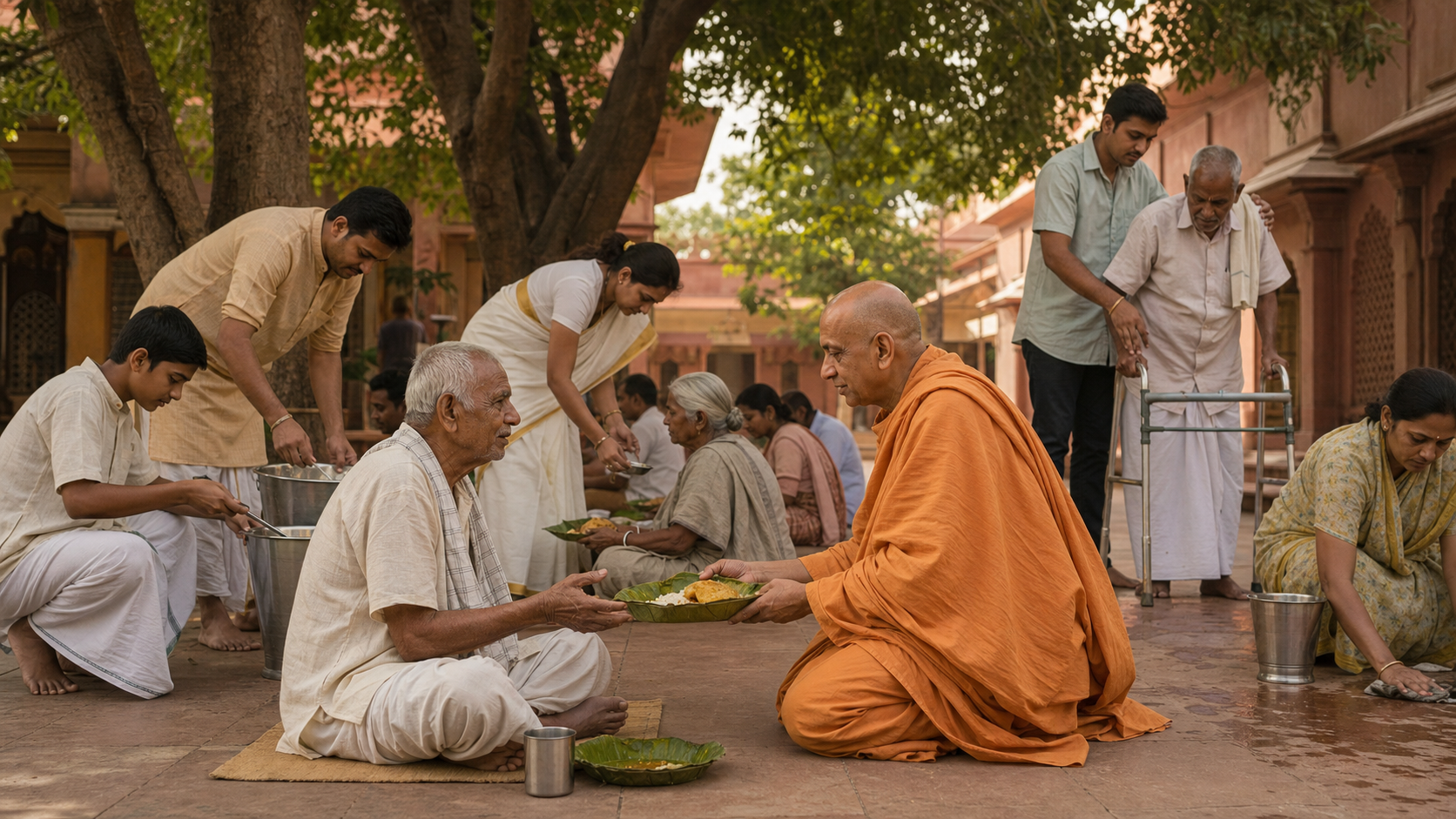 A senior monk kneels to serve and listen to an elderly devotee as volunteers distribute a meal and assist others in a temple courtyard.