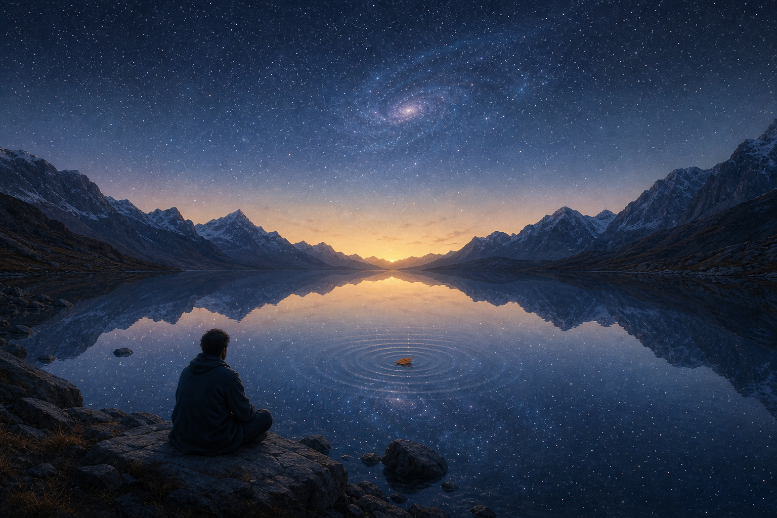 A person meditates beside a mountain lake reflecting stars and a spiral nebula as ripples spread across the water.