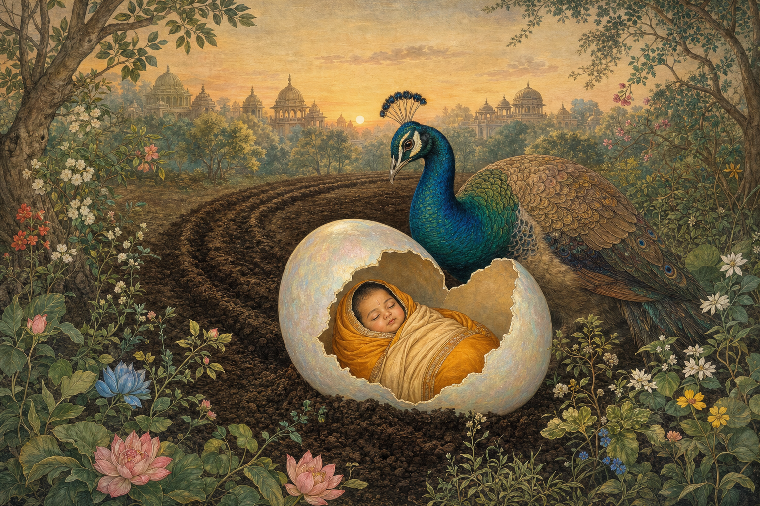 A peahen watches over a pearlescent egg opening on freshly turned earth to reveal the infant Sita at dawn.