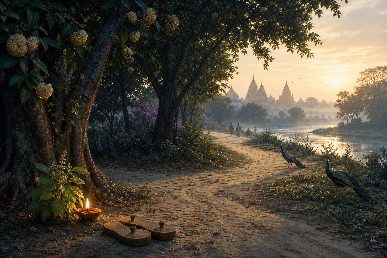 A glowing clay lamp and wooden sandals rest beside tulasi leaves on a tree-lined path leading toward the Yamuna and distant temple spires at dawn.