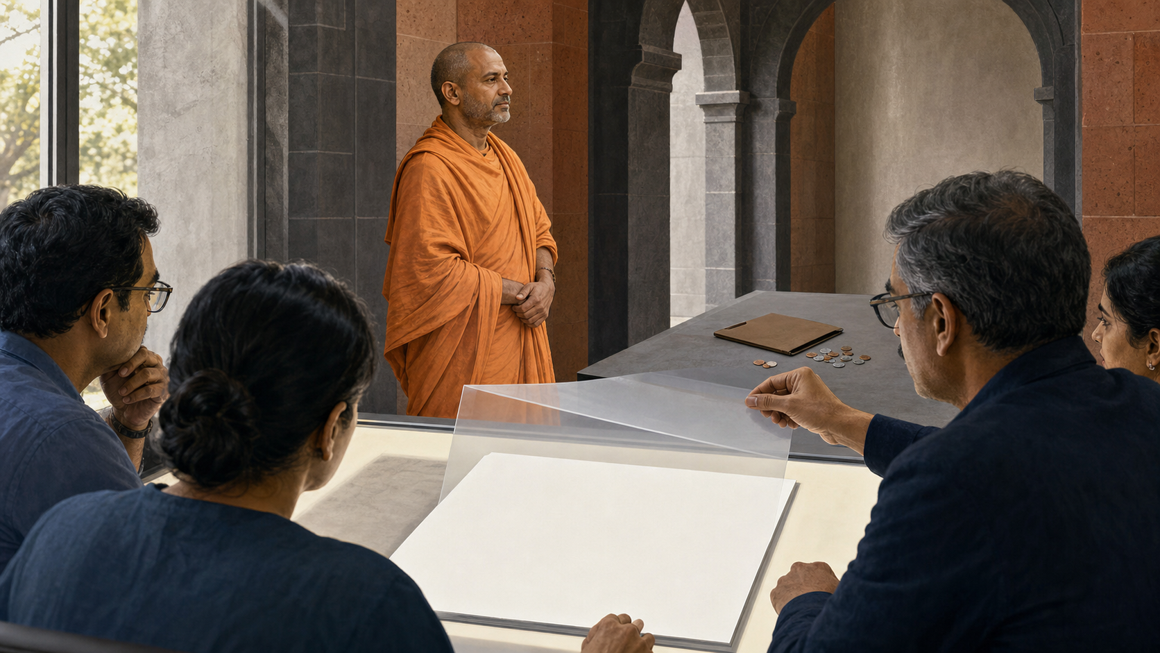 A saffron-robed Hindu ascetic stands calmly beside an advertising review committee examining a blank proof and a transparent overlay separating his image from generic objects associated with misconduct.