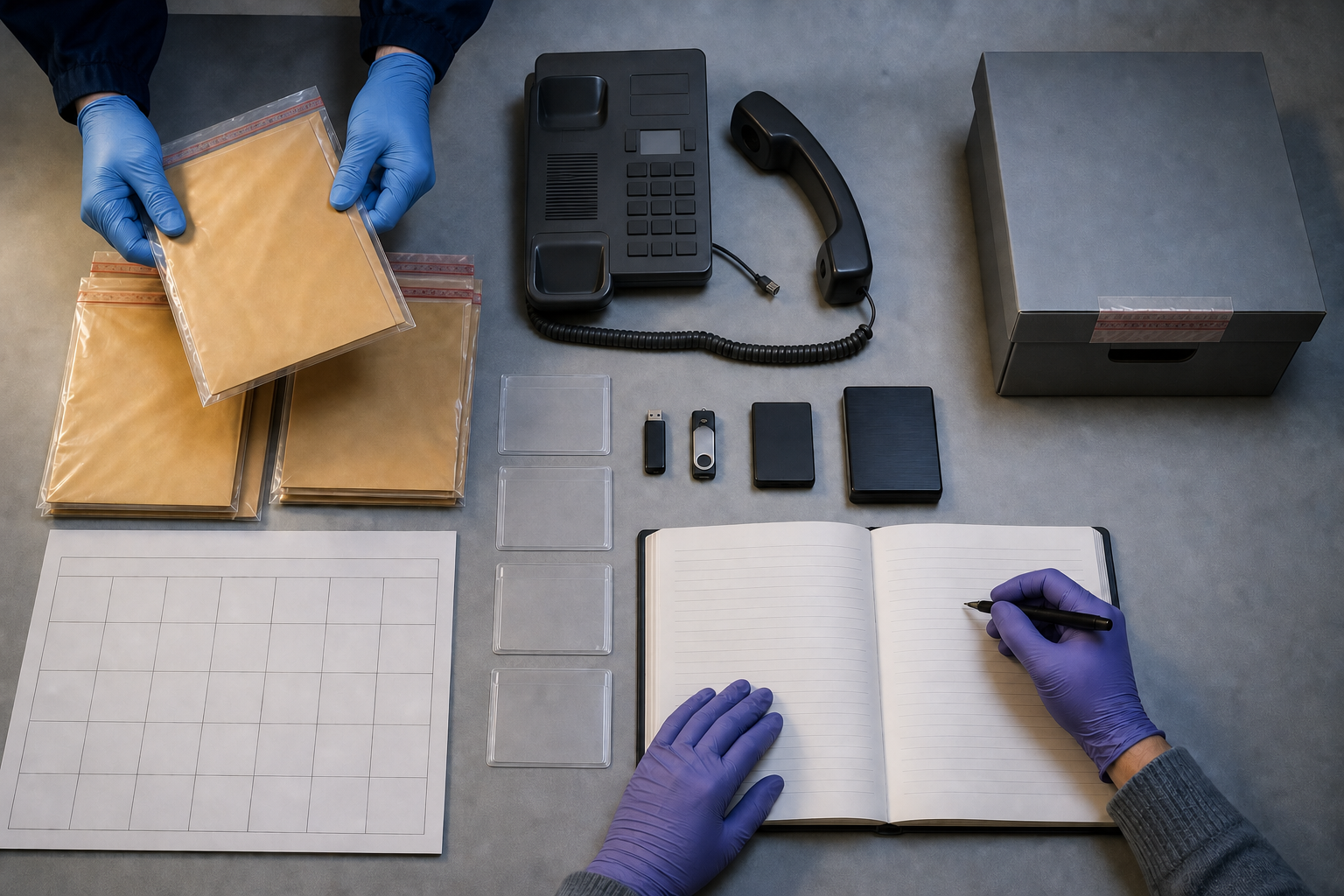 Gloved reviewers organize sealed envelopes, a telephone, blank registers, access cards, digital storage devices, and an archive box on an examination table.