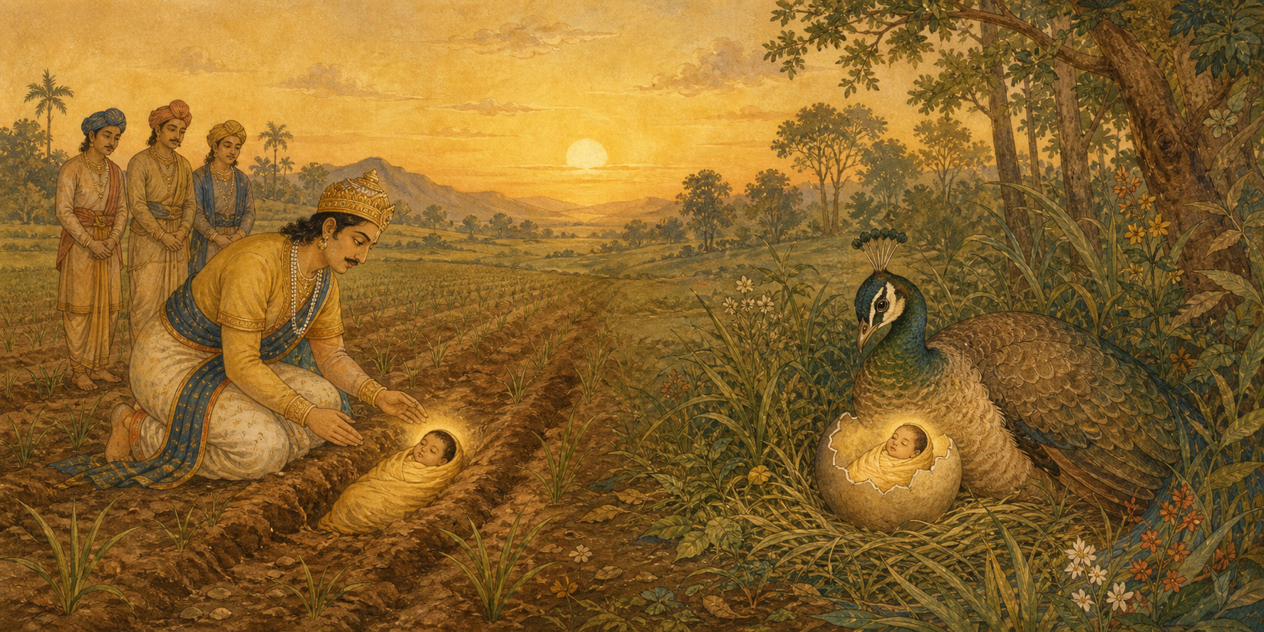 Two side-by-side scenes show Janaka finding infant Sita in a furrow and a peahen guarding an egg in a forest.