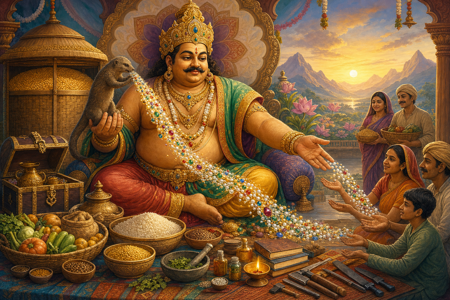 Kubera sits beside a granary and open treasury as a mongoose releases jewels toward food, seeds, tools, books, medicine, and a lamp.