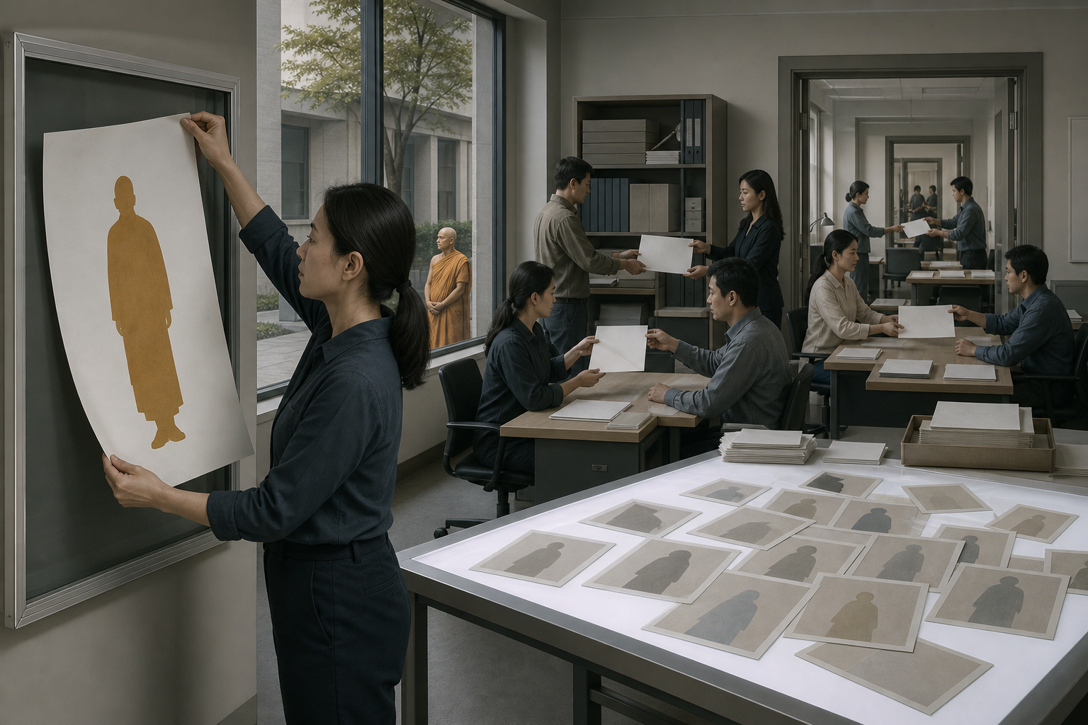 An office worker removes a blank poster with an ochre-robed silhouette while a disorganized advertising approval process continues at desks in the background.