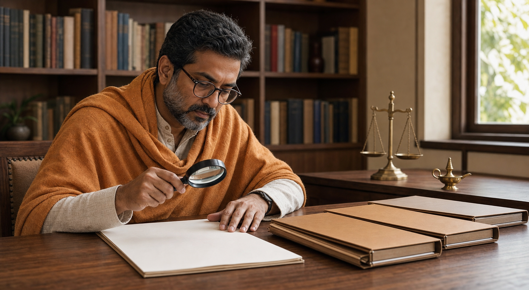 A fictional Indian commentator in a muted saffron shawl examines an unmarked document at a library table beside source folders, a brass lamp, and a balance scale.