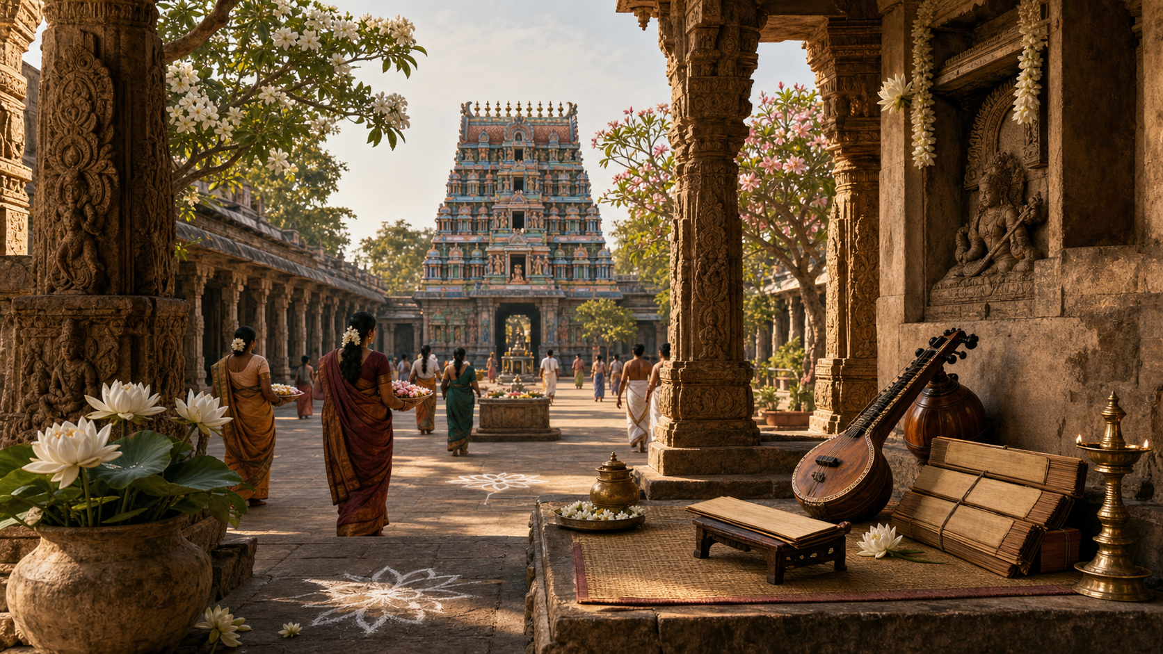 A Tamil temple courtyard contains flower offerings, a veena, and palm-leaf manuscripts near carved stone pillars.