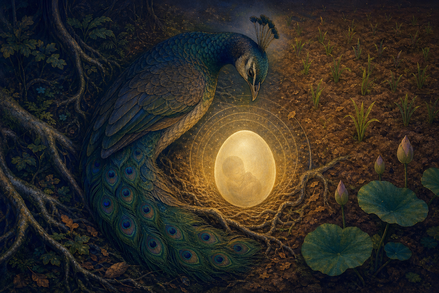 A peahen curves protectively around a glowing egg containing the faint silhouette of a sleeping infant where forest meets farmland.