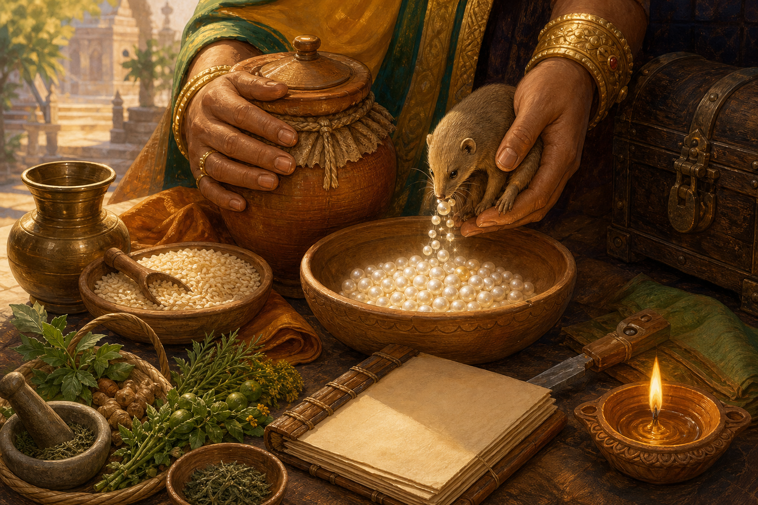 Kubera's hands protect a grain vessel and hold a mongoose that releases pearls into a bowl surrounded by food, medicine, tools, and a lamp.