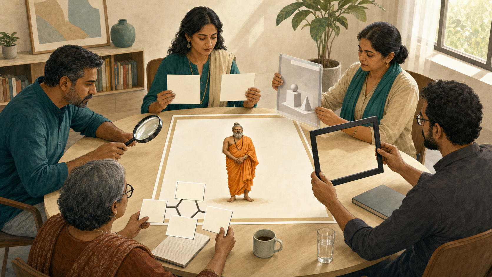 Five reviewers around a circular table examine a blank advertisement featuring a neutrally posed saffron-robed ascetic using a magnifying glass, comparison cards, an evidence folder, a context frame, and alternate thumbnails.