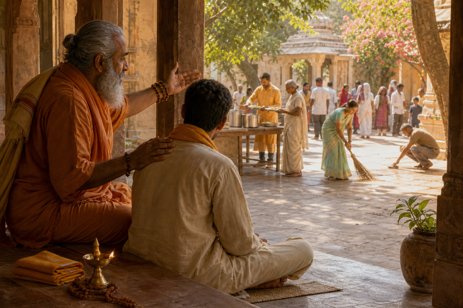 A senior monk encourages a younger devotee while volunteers serve meals and clean a sunlit temple courtyard nearby.