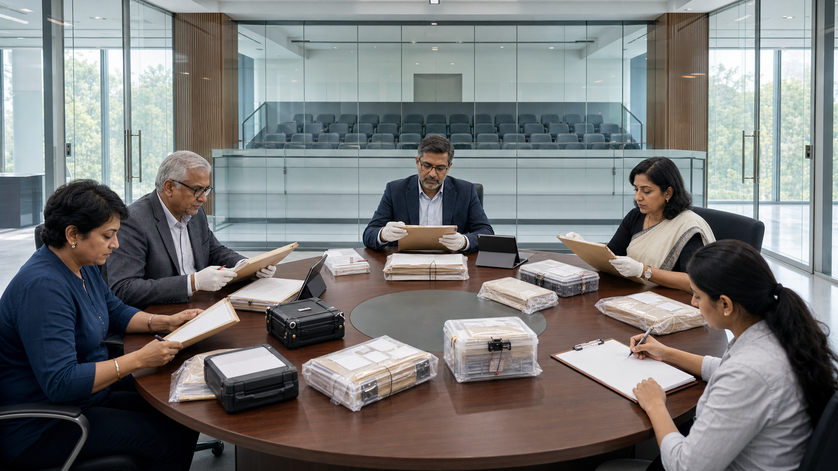 An independent panel of fictional reviewers examines sealed files and secured digital evidence in a transparent hearing room with an empty observer gallery.