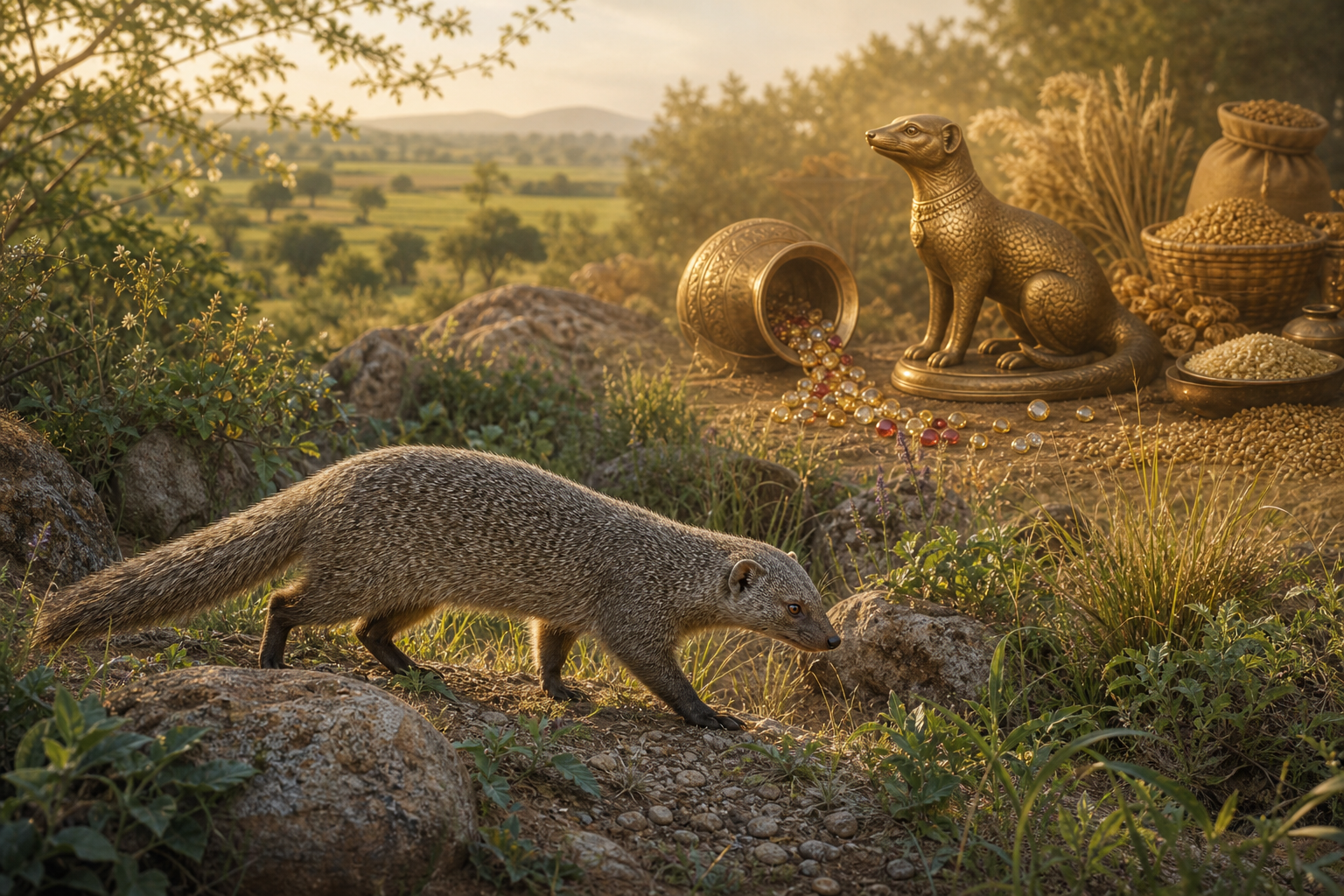 A wild Indian grey mongoose walks through natural scrub while a ceremonial mongoose figure in the background releases gems beside grain and provisions.