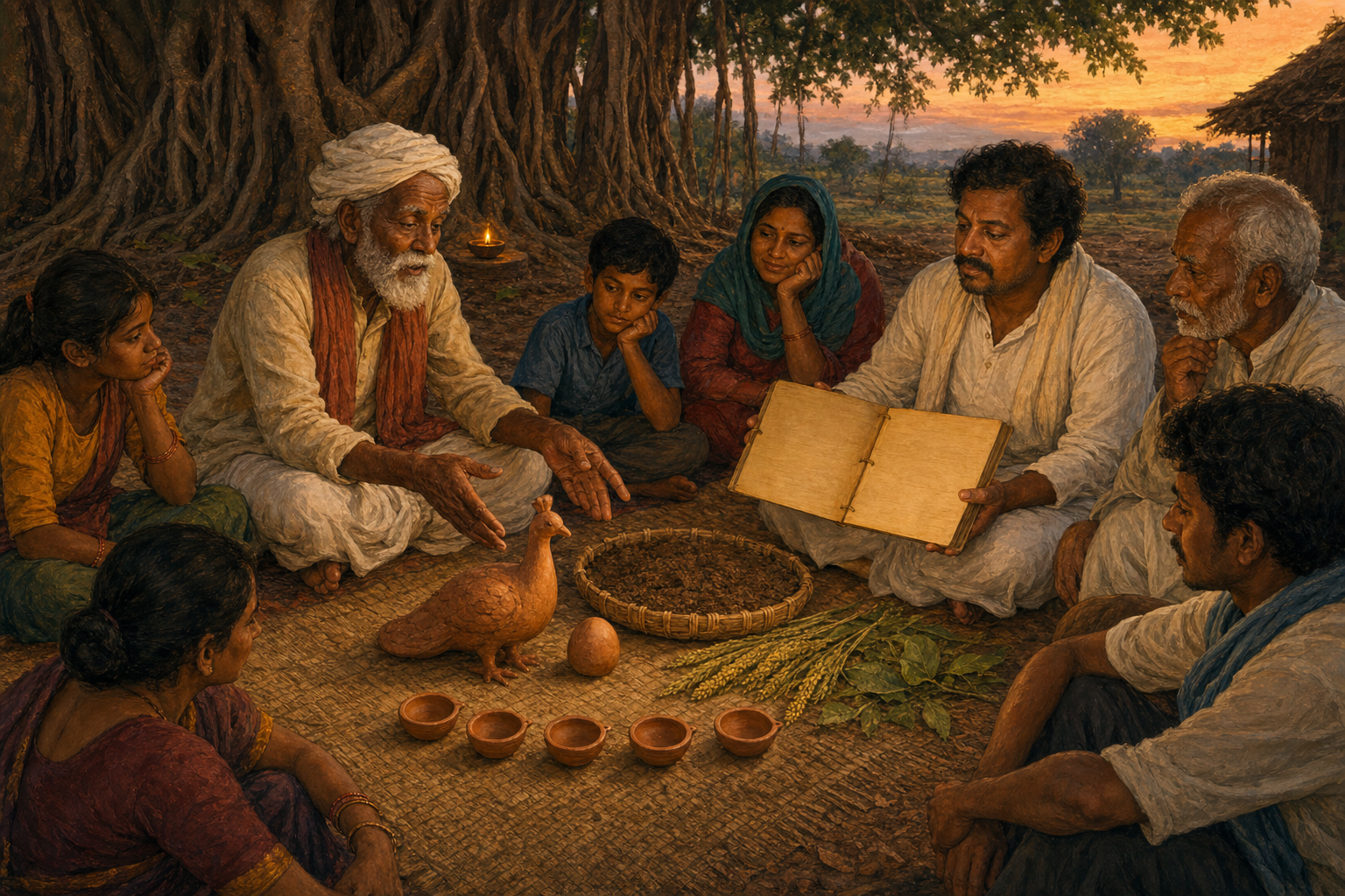 Villagers listen to a storyteller beneath a banyan tree beside a clay peahen, an egg, field soil, a blank folio, and five small lamps.