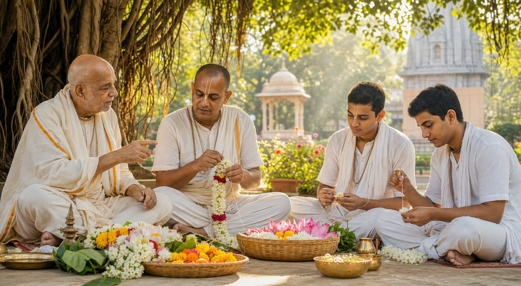 Three generations of devotees teach one another to prepare flower garlands beneath a banyan tree beside a temple garden.