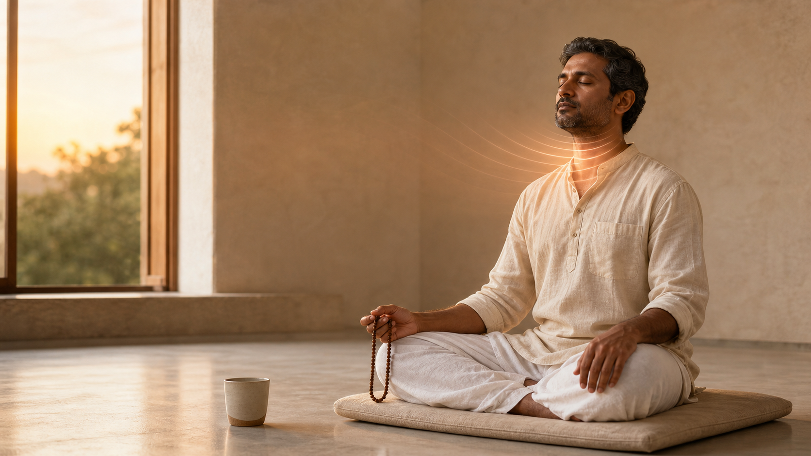 A seated practitioner holds prayer beads in a softly lit room as a subtle translucent ripple near the throat fades into the surrounding space.