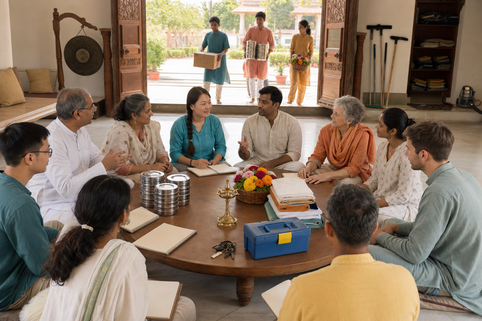 Devotees sit in a circle with meal containers, flowers, tools, notebooks, and keys while coordinating service in a temple community hall.