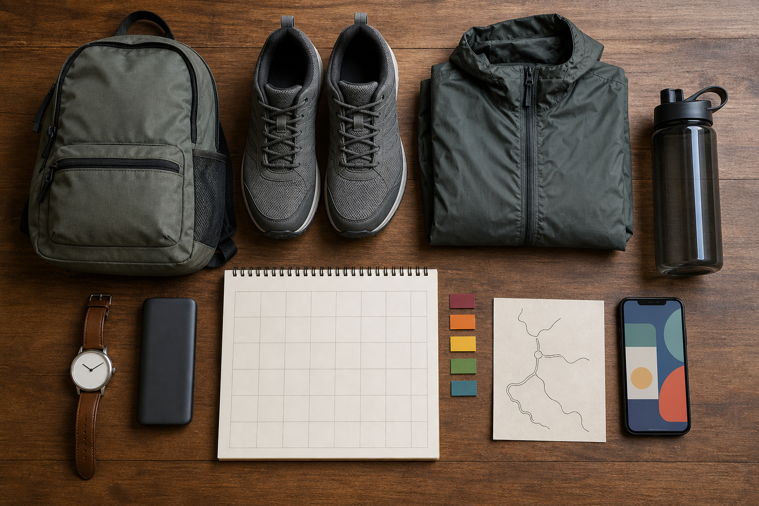 Travel essentials, a blank calendar, route sketch, wristwatch, and smartphone are arranged for flexible pilgrimage planning.