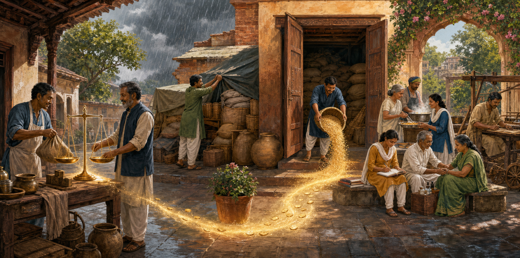 A courtyard scene shows an honest exchange, protected grain, an opened storehouse, and resources supporting food, education, health care, and crafts.