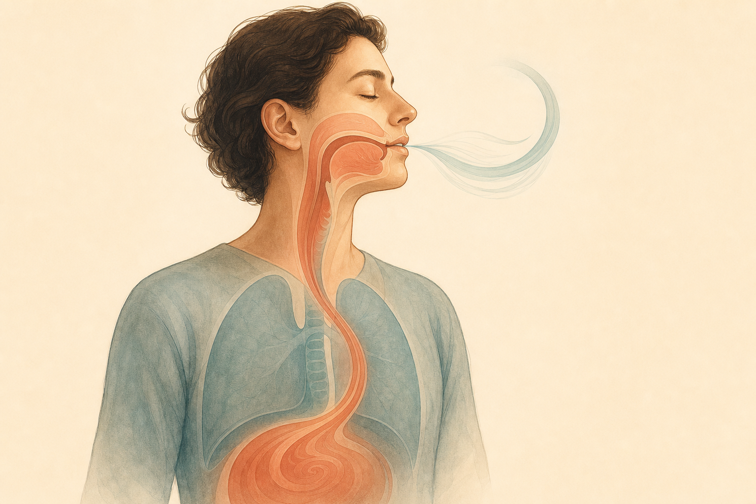 A symbolic profile illustration uses translucent layers and flowing curves to connect the tongue, throat, upper chest, and abdomen.