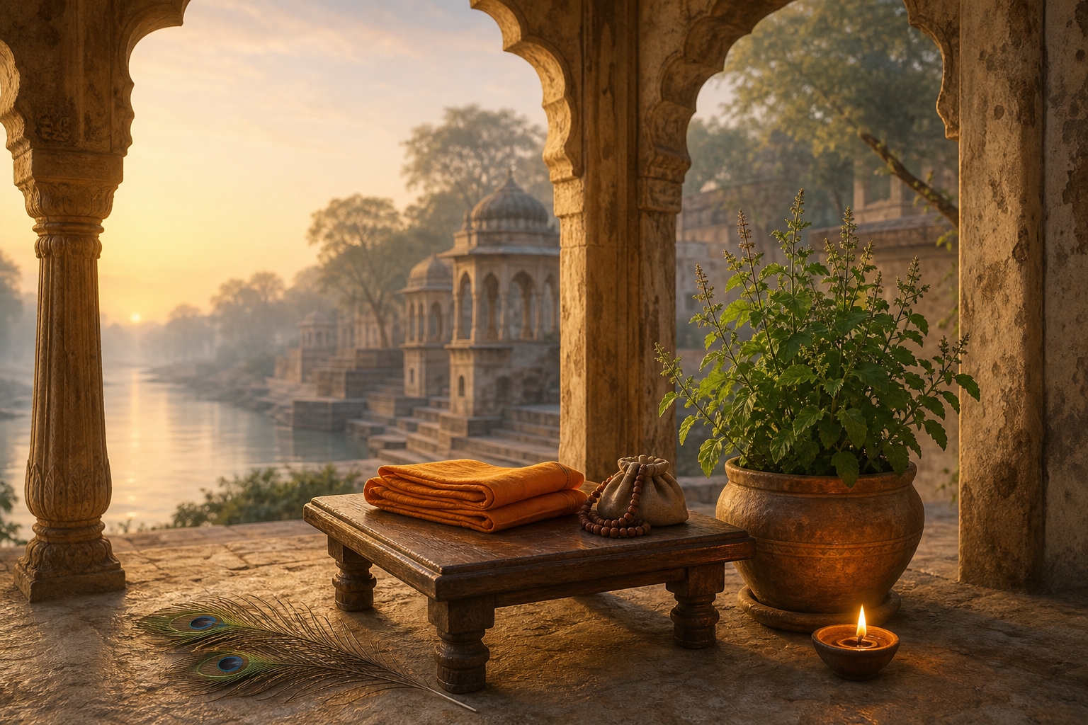 An empty wooden asana with folded saffron cloth and prayer beads beside a tulsi plant in a Vrindavan courtyard at dawn.