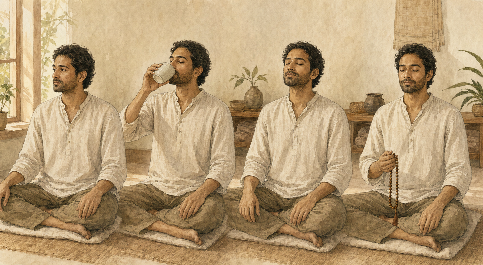Four illustrated moments show a practitioner sitting comfortably, sipping water, relaxing the mouth and throat, and beginning practice with prayer beads.