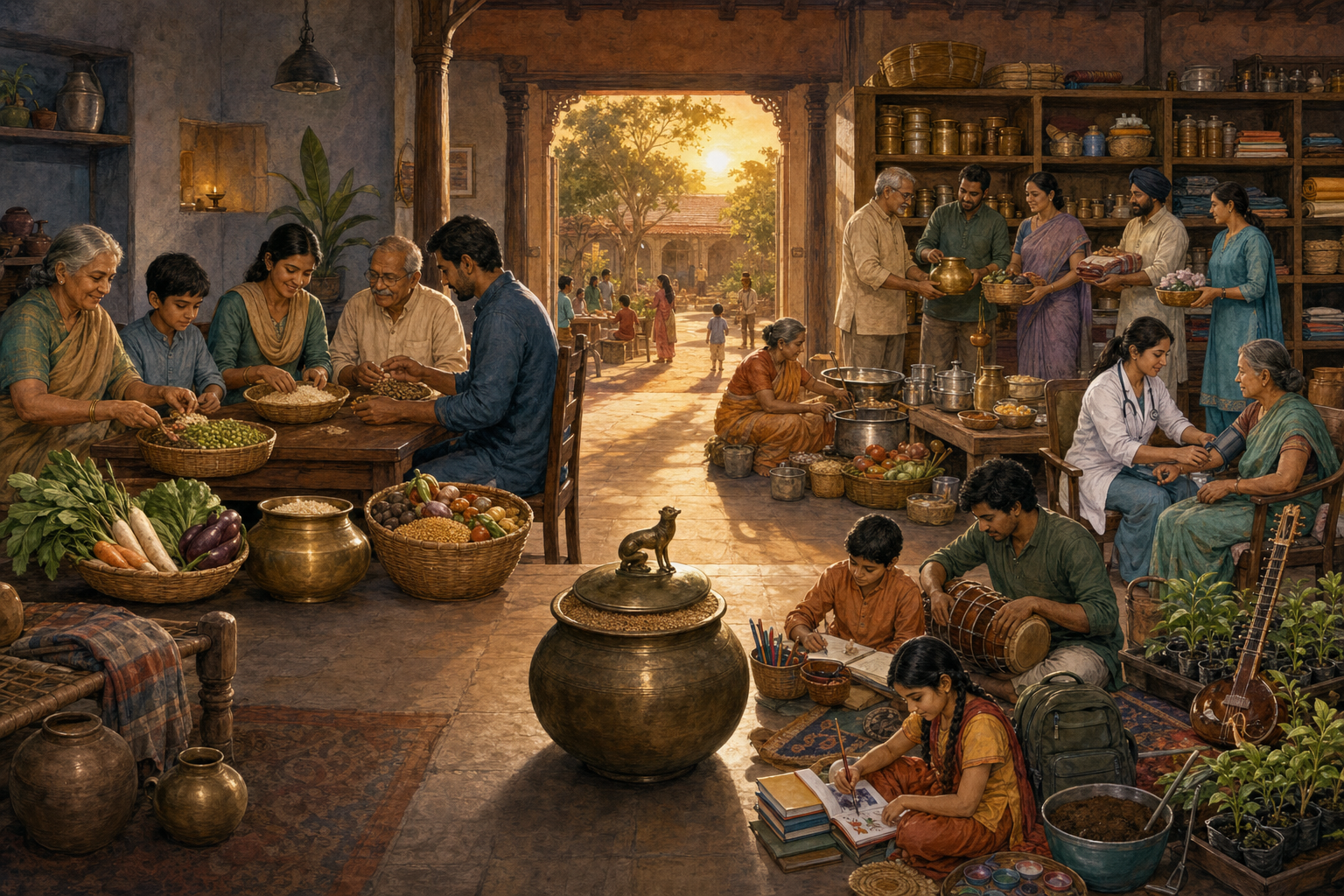 A family allocates household resources while community trustees direct stored supplies toward food, education, medicine, ecology, and the arts.