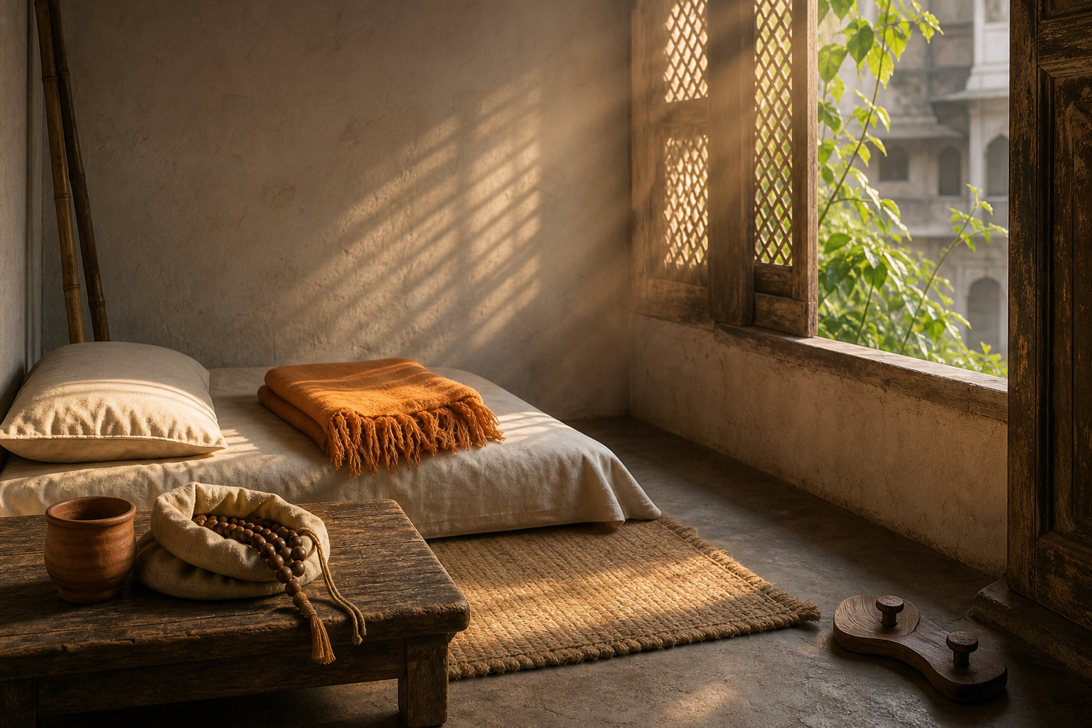 A simple unoccupied monastic room with a low bed, folded saffron cloth, wooden sandals, and prayer beads in morning light.