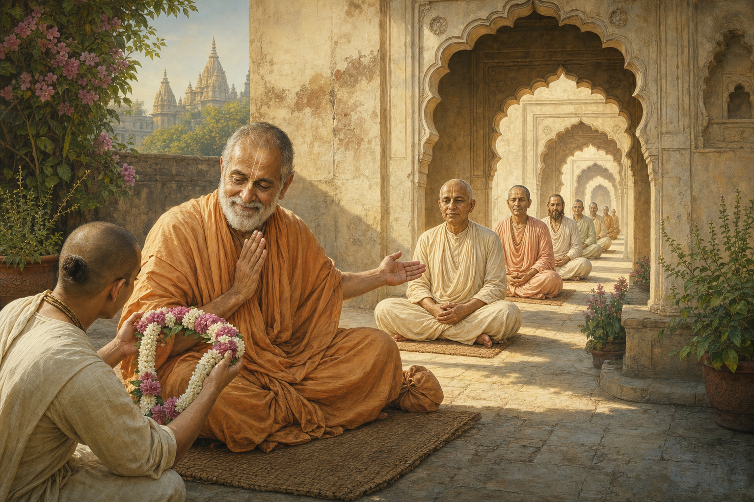 An elderly Vaishnava teacher in saffron robes redirects a flower garland toward a line of teachers in a Vrindavan courtyard.