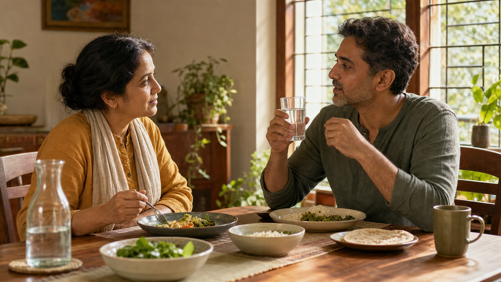 Two adults sit in calm conversation at a sunlit table with a glass of water and a simple meal.
