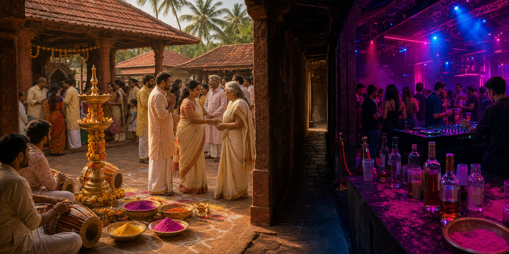 A split scene contrasts families celebrating Holi in a Goan temple courtyard with a separate neon-lit party venue containing liquor bottles and DJ equipment.