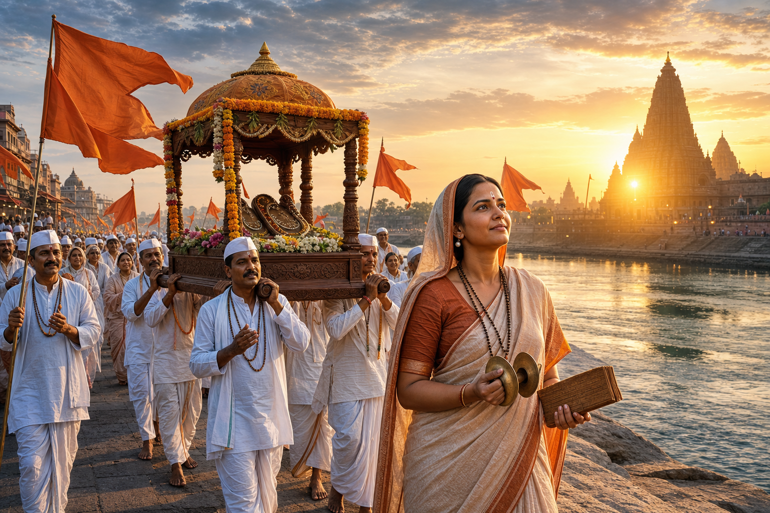 Sant Kanhopatra walks with Warkari pilgrims beside a decorated palkhi during Ashadhi Wari in Pandharpur.