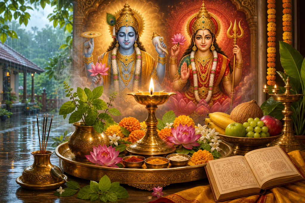 Bhadali Navami 2026 Hindu puja altar with glowing diya, offerings, Lord Vishnu and Goddess Bhadrakali