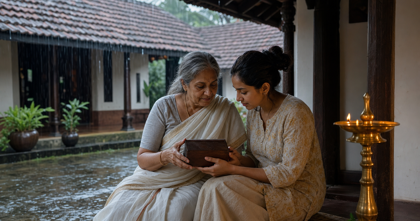 An older and younger family member sit together with a keepsake box in a Kerala home while monsoon rain falls outside.