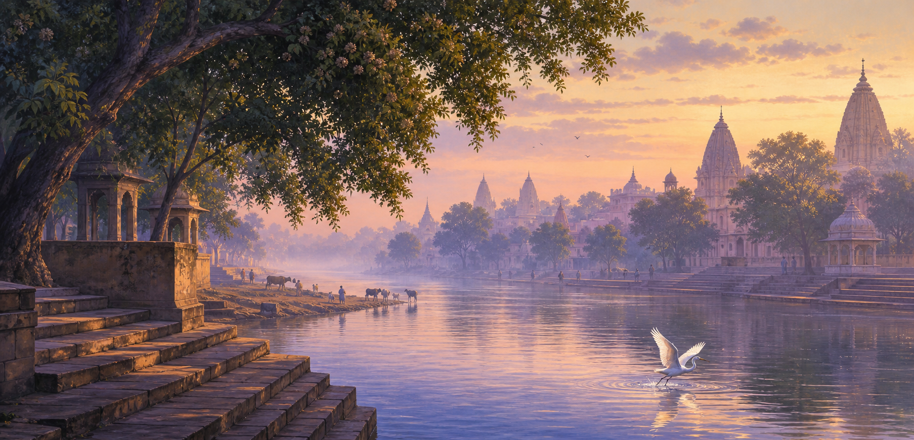 The Yamuna river, stone steps, trees, cows, pilgrims, and temple silhouettes in misty dawn light at Vrindavan.
