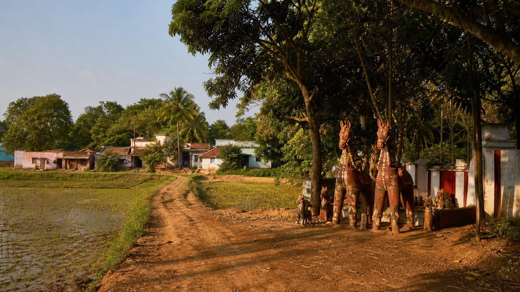 Terracotta horses stand in a sacred grove where a village road meets fields at the edge of a Tamil settlement.