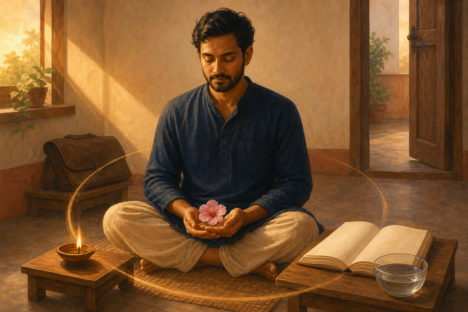 A householder meditates at dawn beside an oil lamp, a reflective bowl, a blank open book, and a flower held in open palms.