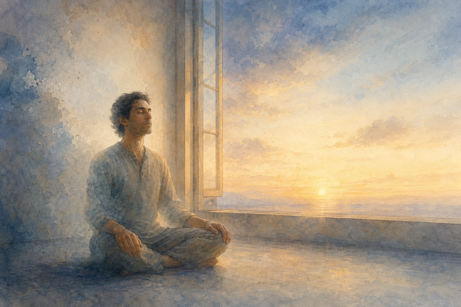 A translucent meditating figure sits by an open window with a small ripple at the throat fading into a broad field of sky and light.