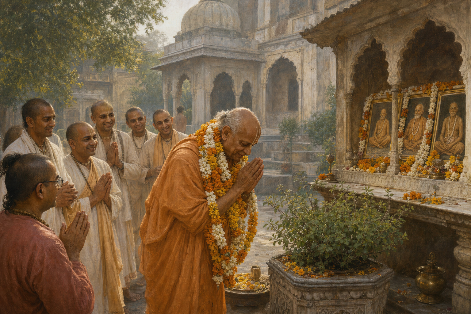 A garlanded elderly Vaishnava teacher bows toward a temple altar as disciples stand around him in a Vrindavan courtyard.