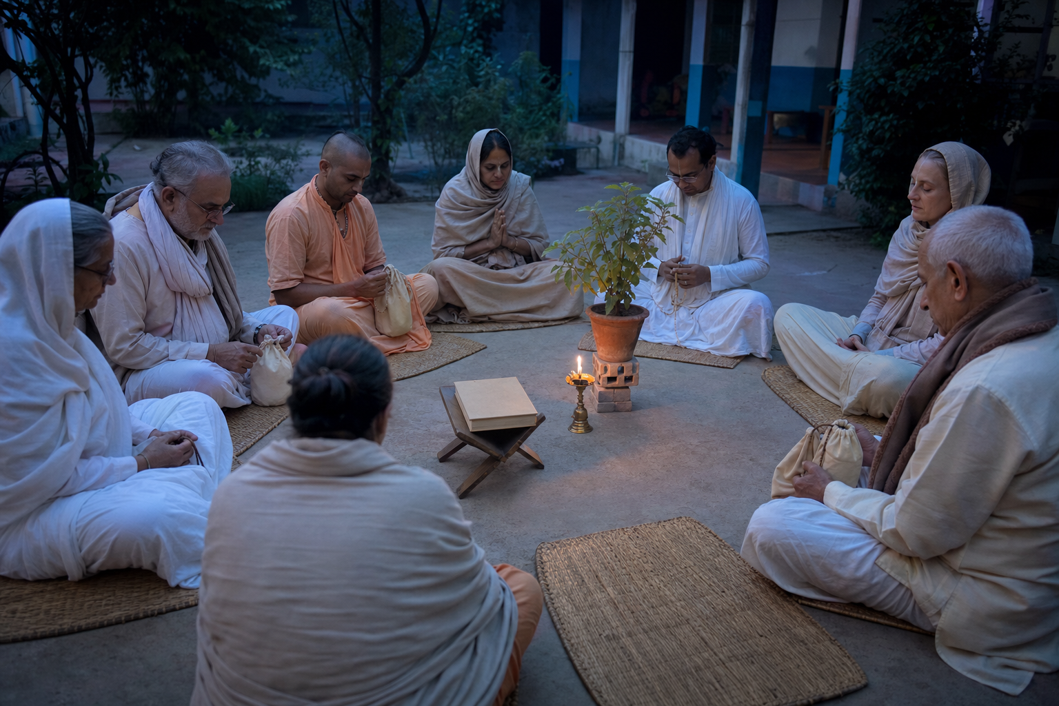 Devotees sit for morning prayer around a tulsi plant and brass lamp, with one mat left unoccupied in the circle.