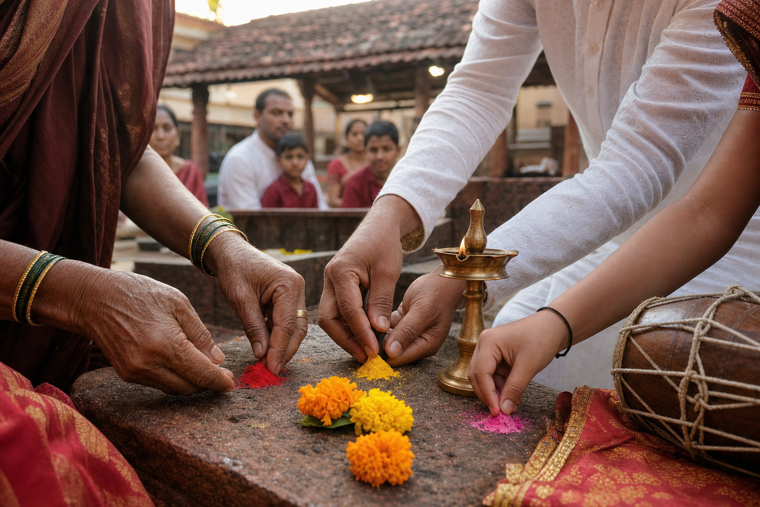 Hands place colored gulal beside a brass lamp and marigold flowers in a quiet Goan temple courtyard while families gather in the background.
